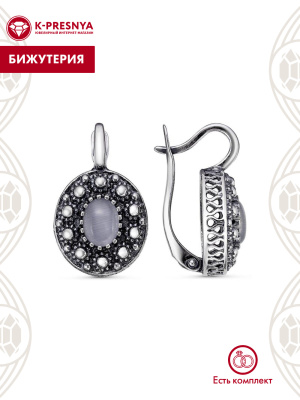 Серьги бижутерия, покрытие - серебрение с оксидированием, вставка - искусственный кошачий глаз