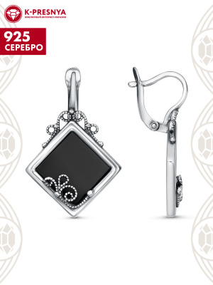 Серьги серебро 925 пробы, покрытие - оксидирование, вставка - искусственный агат черный