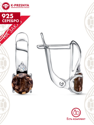 Серьги серебро 925 пробы, покрытие - родирование, вставка - дымчатый кварц, фианит (недрагоценный камень)