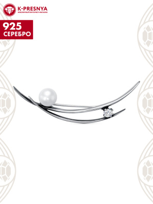 Брошь серебро 925 пробы, покрытие - оксидирование, вставка - культивированный жемчуг, фианит (недрагоценный камень)