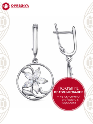 Серьги серебро 925 пробы, покрытие - платинирование, вставка - фианит (недрагоценный камень)