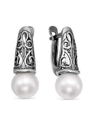 Серьги серебро 925 пробы, покрытие - оксидирование, вставка - имитация жемчуга