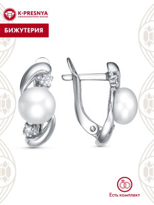Серьги бижутерия, покрытие - платинирование, вставка - культивированный жемчуг, фианит (недрагоценный камень)