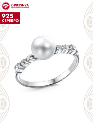 Кольцо серебро 925 пробы, покрытие - родирование, вставка - культивированный жемчуг, фианит (недрагоценный камень)