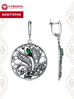 Серьги бижутерия, покрытие - серебрение с оксидированием, вставка - искусственная шпинель