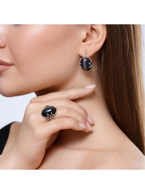 Серьги серебро 925 пробы, покрытие - оксидирование, вставка - искусственный кошачий глаз