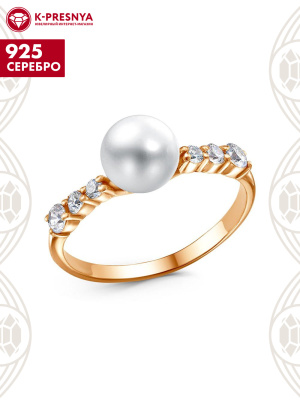 Кольцо серебро 925 пробы, покрытие - золочение, вставка - культивированный жемчуг, фианит (недрагоценный камень)