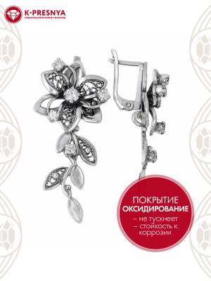 Серьги серебро 925 пробы, покрытие - оксидирование, вставка - фианит (недрагоценный камень)