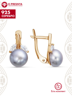 Серьги серебро 925 пробы, покрытие - золочение, вставка - культивированный жемчуг, фианит (недрагоценный камень)