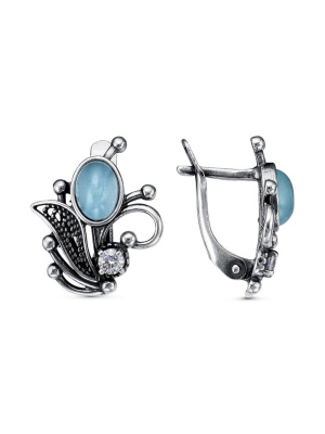 Серьги серебро 925 пробы, покрытие - оксидирование, вставка - искусственный халцедон, фианит (недрагоценный камень)