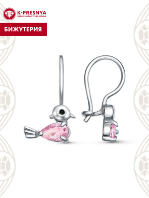 Серьги бижутерия, покрытие - платинирование, отделка - эмаль, вставка - фианит (недрагоценный камень)