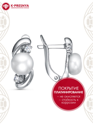 Серьги серебро 925 пробы, покрытие - платинирование, вставка - культивированный жемчуг, фианит (недрагоценный камень)