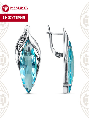 Серьги бижутерия, покрытие - серебрение с оксидированием, вставка - стекло ювелирное собственной огранки