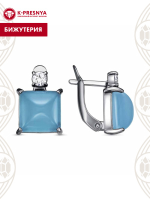 Серьги бижутерия, покрытие - серебрение с оксидированием, вставка - искусственный халцедон, фианит (недрагоценный камень)