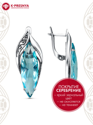 Серьги бижутерия, покрытие - серебрение с оксидированием, вставка - стекло ювелирное собственной огранки