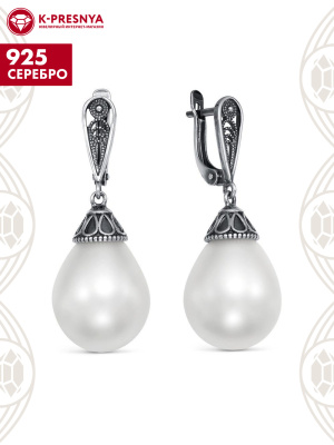 Серьги серебро 925 пробы, покрытие - оксидирование, вставка - имитация жемчуга