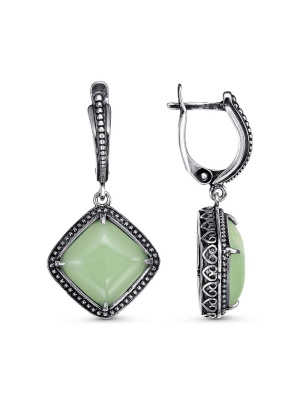 Серьги бижутерия, покрытие - серебрение с оксидированием, вставка - искусственный нефрит