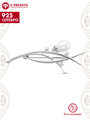 Брошь серебро 925 пробы, покрытие - родирование, вставка - имитация жемчуга, фианит (недрагоценный камень)