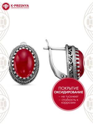 Серьги серебро 925 пробы, покрытие - оксидирование, вставка - искусственный коралл