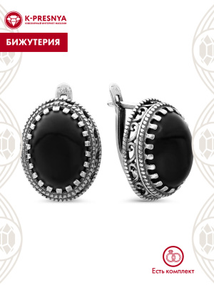 Серьги бижутерия, покрытие - серебрение с оксидированием, вставка - искусственный агат черный
