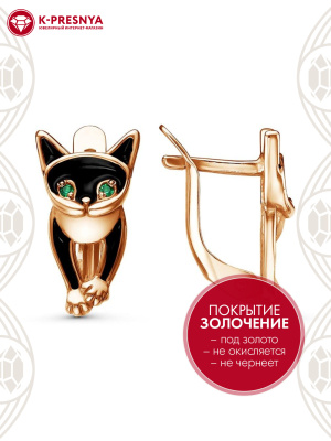 Серьги серебро 925 пробы, покрытие - золочение, отделка - эмаль, вставка - искусственная шпинель