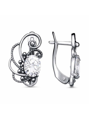 Серьги бижутерия, покрытие - серебрение с оксидированием, вставка - фианит (недрагоценный камень)