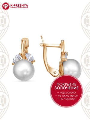Серьги бижутерия, покрытие - золочение, вставка - культивированный жемчуг, фианит (недрагоценный камень)