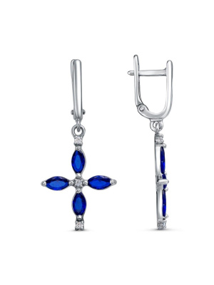 Серьги серебро 925 пробы, покрытие - платинирование, вставка - искусственная шпинель, фианит (недрагоценный камень)