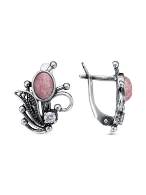 Серьги серебро 925 пробы, покрытие - оксидирование, вставка - родонит, фианит (недрагоценный камень)
