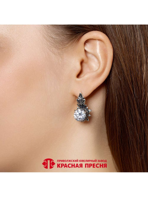 Серьги бижутерия, покрытие - серебрение с оксидированием, вставка - фианит (недрагоценный камень)