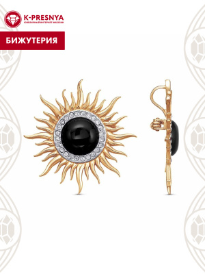 Брошь бижутерия, покрытие - золочение, выборочное родирование, вставка - искусственный агат черный, стекло ювелирное preciosa