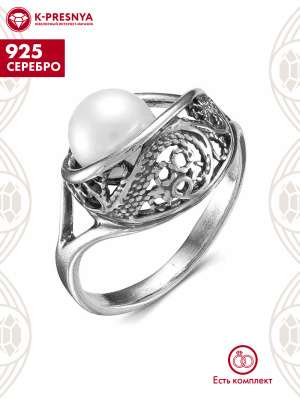 Кольцо серебро 925 пробы, покрытие - оксидирование, вставка - культивированный жемчуг