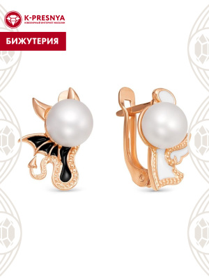 Серьги бижутерия, покрытие - золочение, отделка - эмаль, вставка - культивированный жемчуг