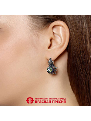 Серьги серебро 925 пробы, покрытие - оксидирование, вставка - фианит (недрагоценный камень)