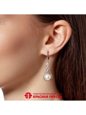 Серьги серебро 925 пробы, покрытие - родирование, вставка - культивированный жемчуг, фианит (недрагоценный камень)