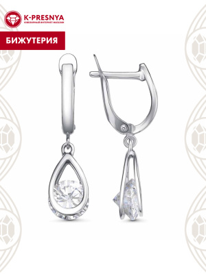 Серьги бижутерия, покрытие - платинирование, вставка - фианит (недрагоценный камень)