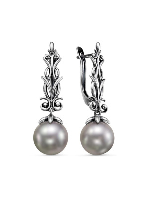 Серьги бижутерия, покрытие - серебрение с оксидированием, вставка - имитация жемчуга