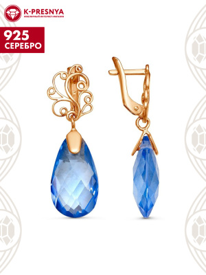 Серьги серебро 925 пробы, покрытие - золочение, вставка - топаз голубой (искусственный)
