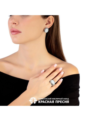 Серьги серебро 925 пробы, покрытие - оксидирование, вставка - искусственный агат белый