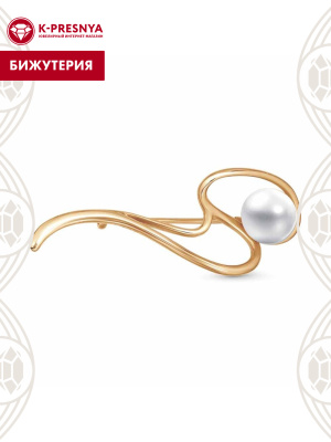 Брошь бижутерия, покрытие - золочение, вставка - культивированный жемчуг