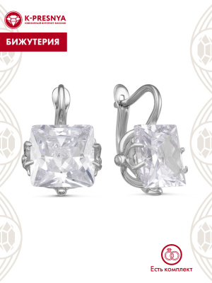 Серьги бижутерия, покрытие - серебрение, вставка - фианит (недрагоценный камень)