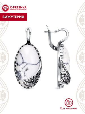 Серьги бижутерия, покрытие - серебрение с оксидированием, вставка - искусственный таулит
