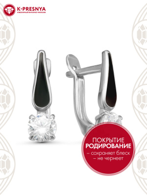 Серьги серебро 925 пробы, покрытие - родирование, отделка - эмаль, вставка - фианит (недрагоценный камень)