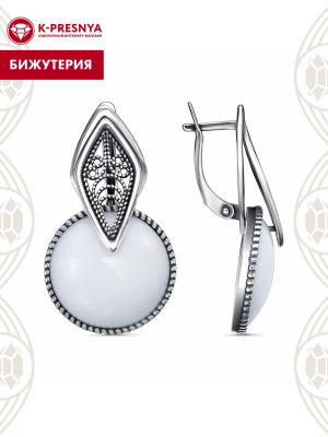 Серьги бижутерия, покрытие - серебрение с оксидированием, вставка - искусственный агат белый