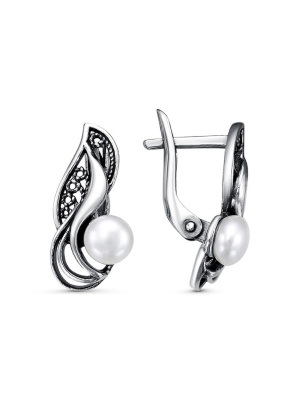 Серьги серебро 925 пробы, покрытие - оксидирование, вставка - культивированный жемчуг