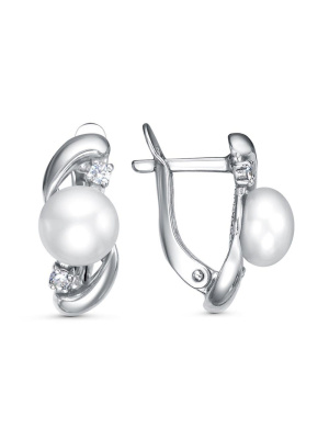 Серьги бижутерия, покрытие - платинирование, вставка - культивированный жемчуг, фианит (недрагоценный камень)