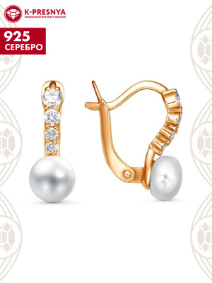 Серьги серебро 925 пробы, покрытие - золочение, вставка - культивированный жемчуг, фианит (недрагоценный камень)