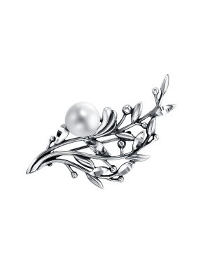 Брошь серебро 925 пробы, покрытие - оксидирование, отделка - алмазная грань, вставка - культивированный жемчуг