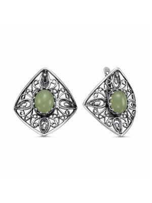 Серьги бижутерия, покрытие - серебрение с оксидированием, вставка - искусственный нефрит