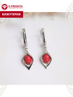 Серьги бижутерия, покрытие - платинирование, вставка - искусственный коралл